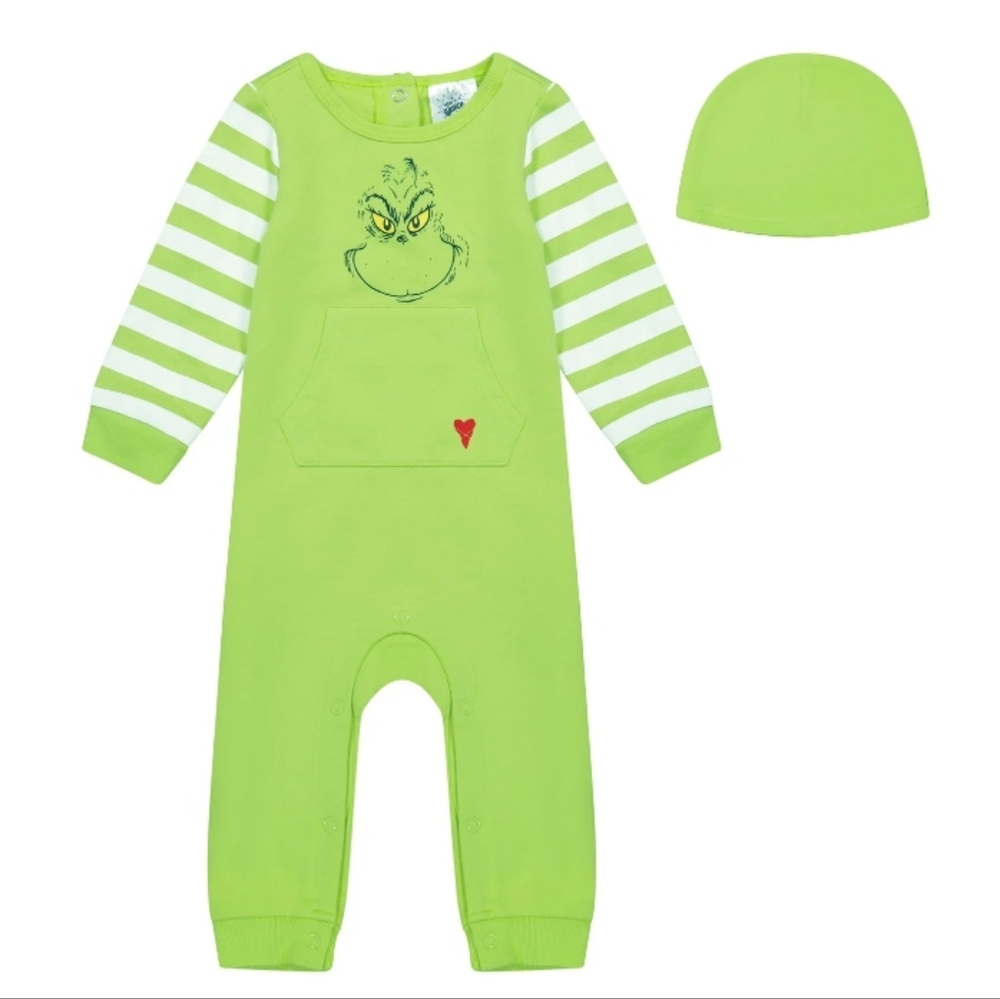 The Grinch Christmas Baby Green Coverall and Hat